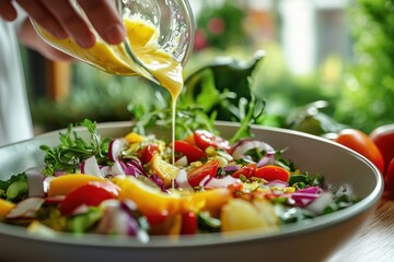 Creative capture of a person drizzling zesty dressing over a vibrant salad in a sunny kitchen setting