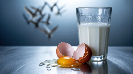 Cracked egg and milk on a surface with avian silhouette, symbolizing food safety and disease prevention.