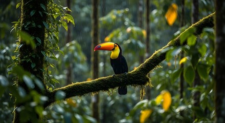 Obraz premium Vibrant Toucan Perched in Lush Rainforest Canopy, Displaying Vivid Plumage in Tropical Haven, Evoking Wonder and Exotic Wildlife Experience