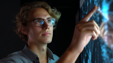 Man with glasses interacting with a futuristic interface on a screen