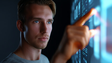 A man interacting with a futuristic interface on a dark background