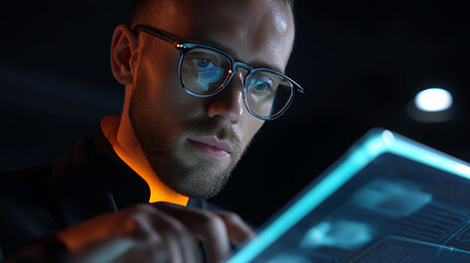 Man with glasses using a futuristic tablet in a darkened environment