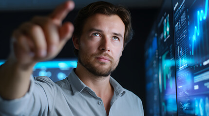 Man interacting with digital interface with graphs and data analysis