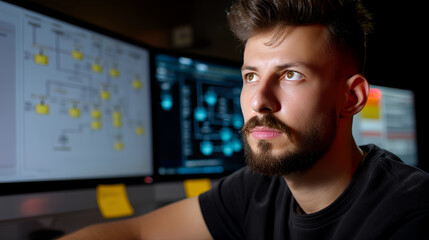 Man with beard in front of computer screens with diagrams and code