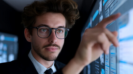 Man in suit with glasses touching large screen with data visualization