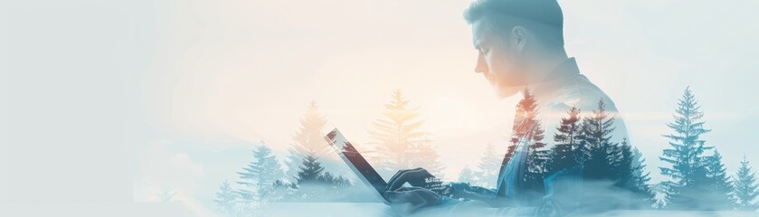 Silhouette of a man  using a laptop, cityscape view
