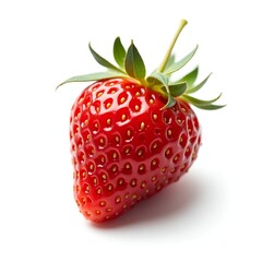 Vibrant Ripe Strawberry with Glossy Red Texture and Green Leaf Crown on White Background