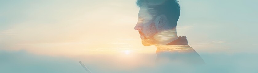 Silhouette of a person using a phone with a city skyline