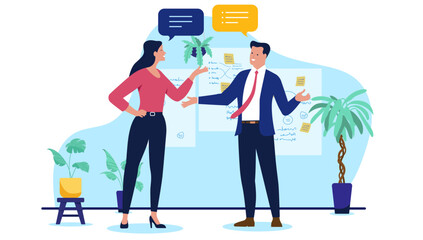 Colleagues talking at work - Two businesspeople, businessman and businesswoman having a conversation and discussion in office. Business and workplace communication concept in flat design illustration