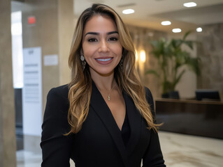 Latina woman in her 30s with a serene, confident smile, fashionable business attire