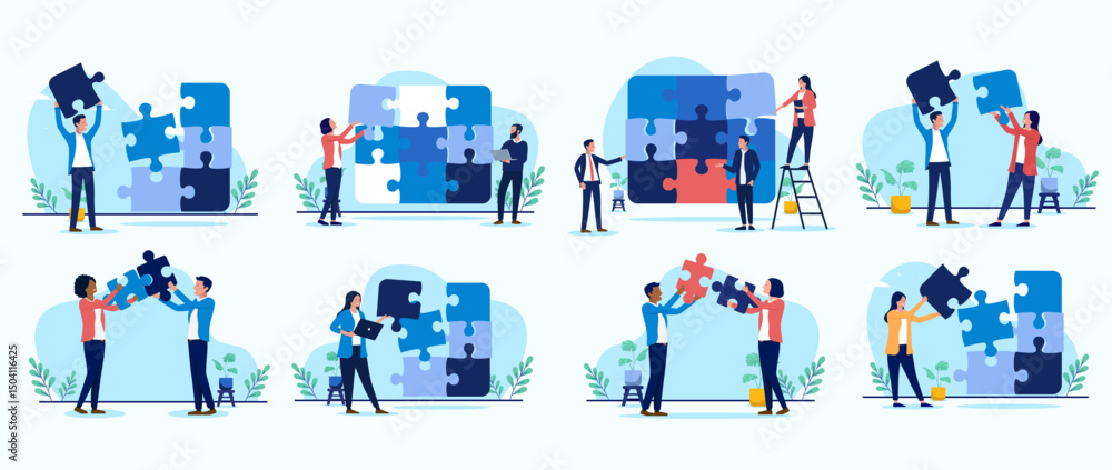 Leinwandbilder businesspeople with puzzle collection - business problem solving set of vector illustrations with ji