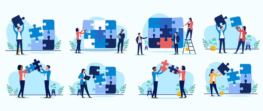 Businesspeople with puzzle collection - Business problem solving set of vector illustrations with jigsaw pieces connecting and finding perfect match. Flat design graphics on white background