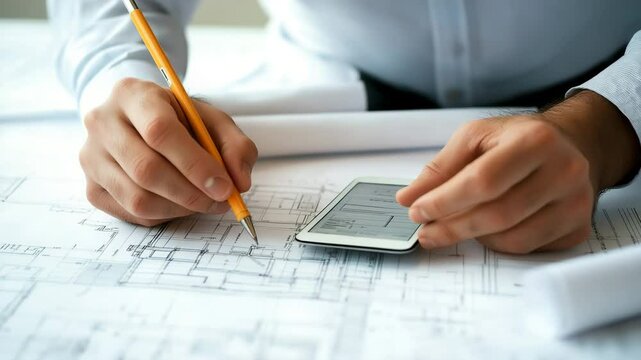 Architect Designing Innovative Building Plans using Digital Technology and Traditional Pencil Sketches