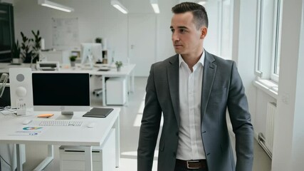 Caucasian man in office showcasing confident leadership. Professional businessman in modern workspace. Corporate success and executive portrait for business concept