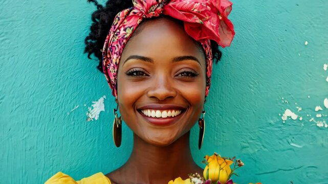 Smiling Black woman with flowers against turquoise wall. Portrait of happy, attractive person with colorful bouquet for lifestyle, fashion, beauty and health.