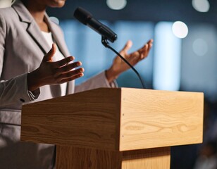 Person delivering a speech from a wooden podium, clear microphone and gestures