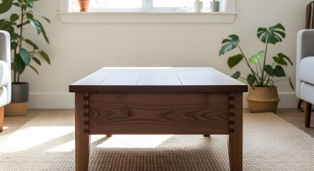 Warm Wood Tones Elevate a Cozy Living Space with a Rustic Coffee Table, Natural Light, and Lush Greenery, Inviting Relaxation and Tranquil Moments