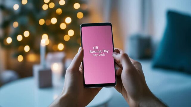 Smartphone online shopping: holiday discount sale alert with festive lights