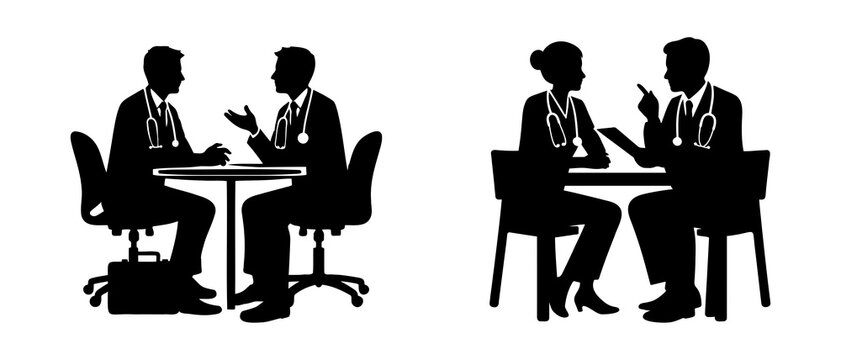 Two Doctors Discussing Silhouette Black Filled - Vector Illustration Icon.