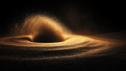 A swirling vortex of golden dust, suggestive of a cosmic phenomenon.  A dark void at the center