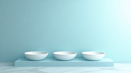 Minimalist Display of Three White Bowls on a Light Blue Platform Surface