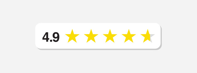 Five stars rate icon. 4,9 stars customer product rating review flat icon. Customer review with five yellow stars. Service satisfaction, quality, good rate vector illustration