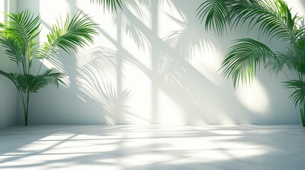Minimalist interior design with palm trees and shadows on a white wall