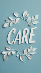 Obraz premium Empathy in Art: A visually stunning piece showcasing the word CARE amidst delicate foliage on a serene blue backdrop, offering a message of compassion and attentiveness.