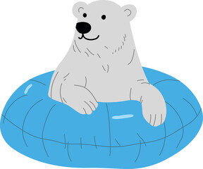 Polar bear floating on a pool toy 