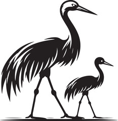 Silhouette vector of a small and large crane pair standing together, symbolizing harmony, wildlife, and nature in elegant form.