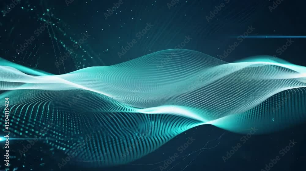 Poster mesmerizing abstract wave pattern in teal and white, showcasing fluidity and motion against dark bac