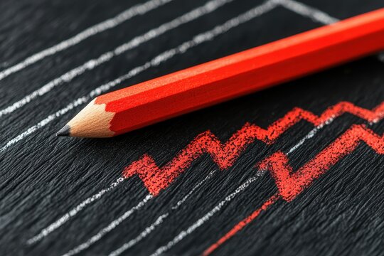 Red Pencil on Blackboard with Financial Graph and Trend Lines