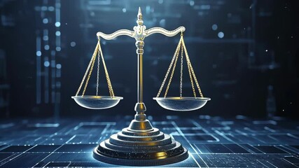 Digital Scales of Justice on futuristic technology background. Law and Technology concept. - Powered by Adobe
