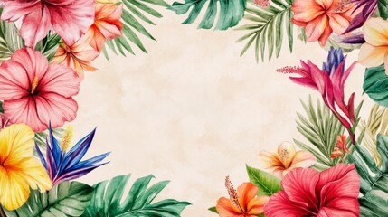A bold and vibrant watercolor rectangle frame featuring an exotic mix of tropical flowers, including hibiscus, bird of paradise, and plumeria, their vivid colors bursting 