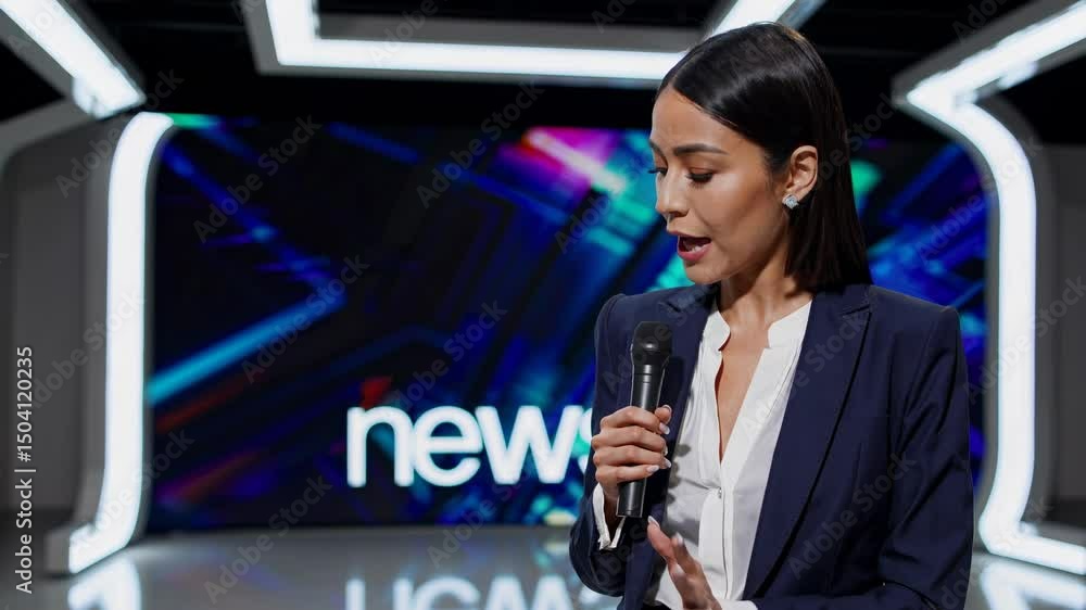 Poster a news presenter in a modern studio holds a microphone, shot from a low angle. the video features dy