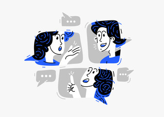 Group of young people having a discussion online via messenger, vector illustration of remote team in a conversation or brainstorm, business and work or webinar.