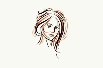 Beauty young woman face vector illustration, logo look like drawing for cosmetology or skincare or cosmetics brand, classic style emblem.