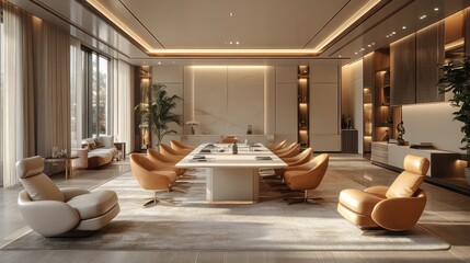 Formal meeting space with classic table, high-backed chairs, and elegant wood paneling.