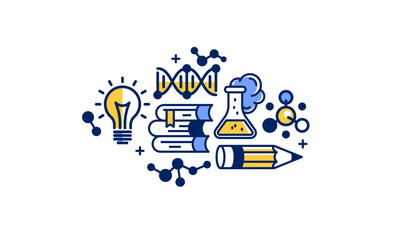 Science vector detailed icon, molecules and atoms laboratory experiment, book university study, flask and tube experiment.