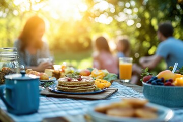Family enjoys a sunny breakfast outdoors with pancakes and fresh fruit in a garden setting
