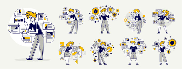 Data systematization, collecting and analyzing information, intellectual worker making analysis of some data on pc or web, vector outline illustration set.