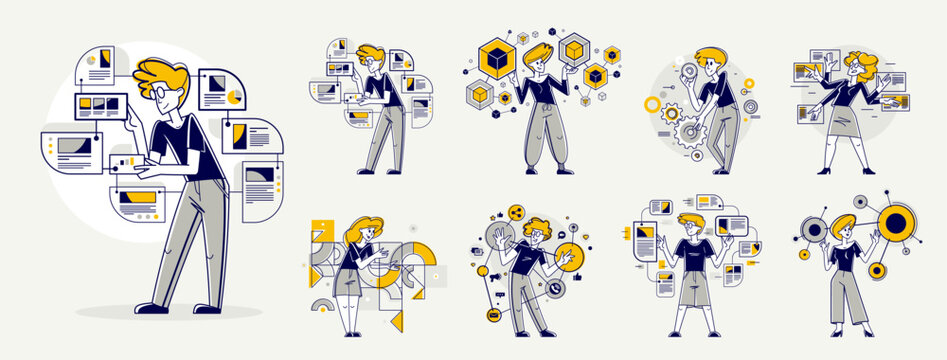 Data systematization, collecting and analyzing information, intellectual worker making analysis of some data on pc or web, vector outline illustration set.