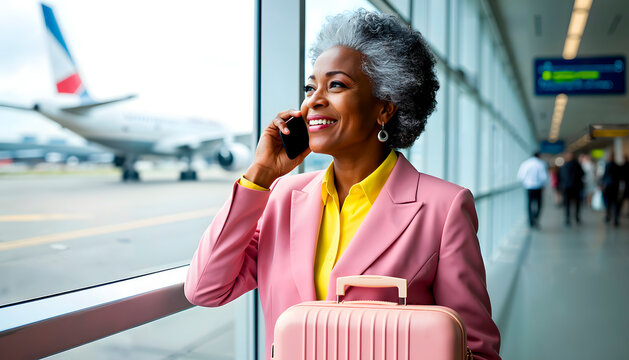 An African-American businesswoman smiles while talking on the phone at the airport 
