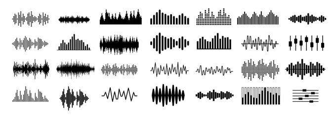 Sound and audio vector elements collection - Set of graphics with music or voice frequency symbols in black on white background