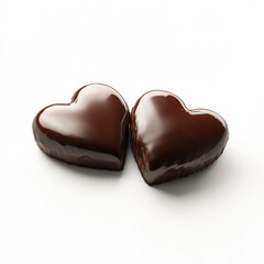 Obraz premium Two glossy, dark chocolate heart-shaped candies touch, isolated on a white background, subtly shadowed