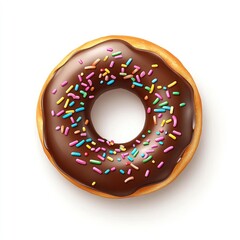 A chocolate-glazed donut, adorned with colorful sprinkles, is presented against a stark white backdrop.  The donut casts a subtle shadow