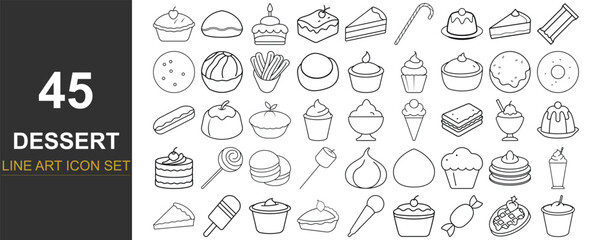 Fototapeta premium 45 Line Art Vector Icons of Global Desserts Including Mochi, Gelato, Tiramisu, Crème Brûlée, Sorbet, Parfait, and More – Thin Monoline Style Perfect for Culinary Apps, Recipe Blogs, and Packaging