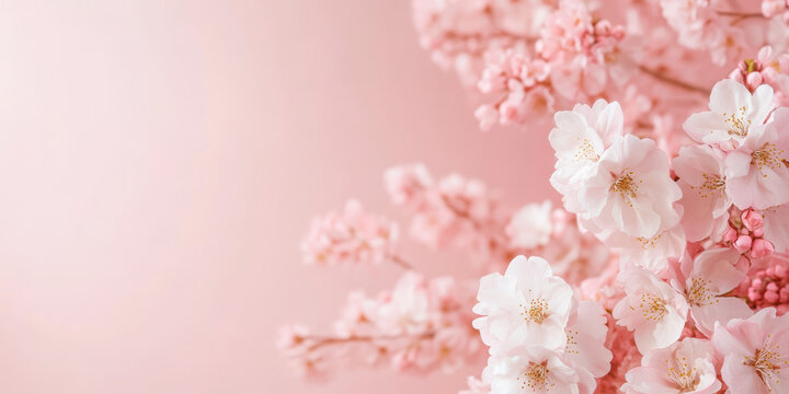Delicate cherry blossoms in full bloom against a soft pink background, capturing the essence of springtime elegance