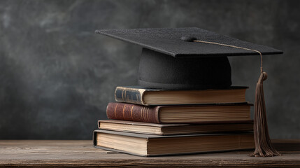 A high-resolution photo of a black graduation cap placed neatly over a stack of classic hardcover books, with a clean blackboard in the background. Soft studio lighting, neutral tones .