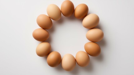 Fresh brown eggs in a circular pattern on white, symbolizing simplicity and natural harmony.
